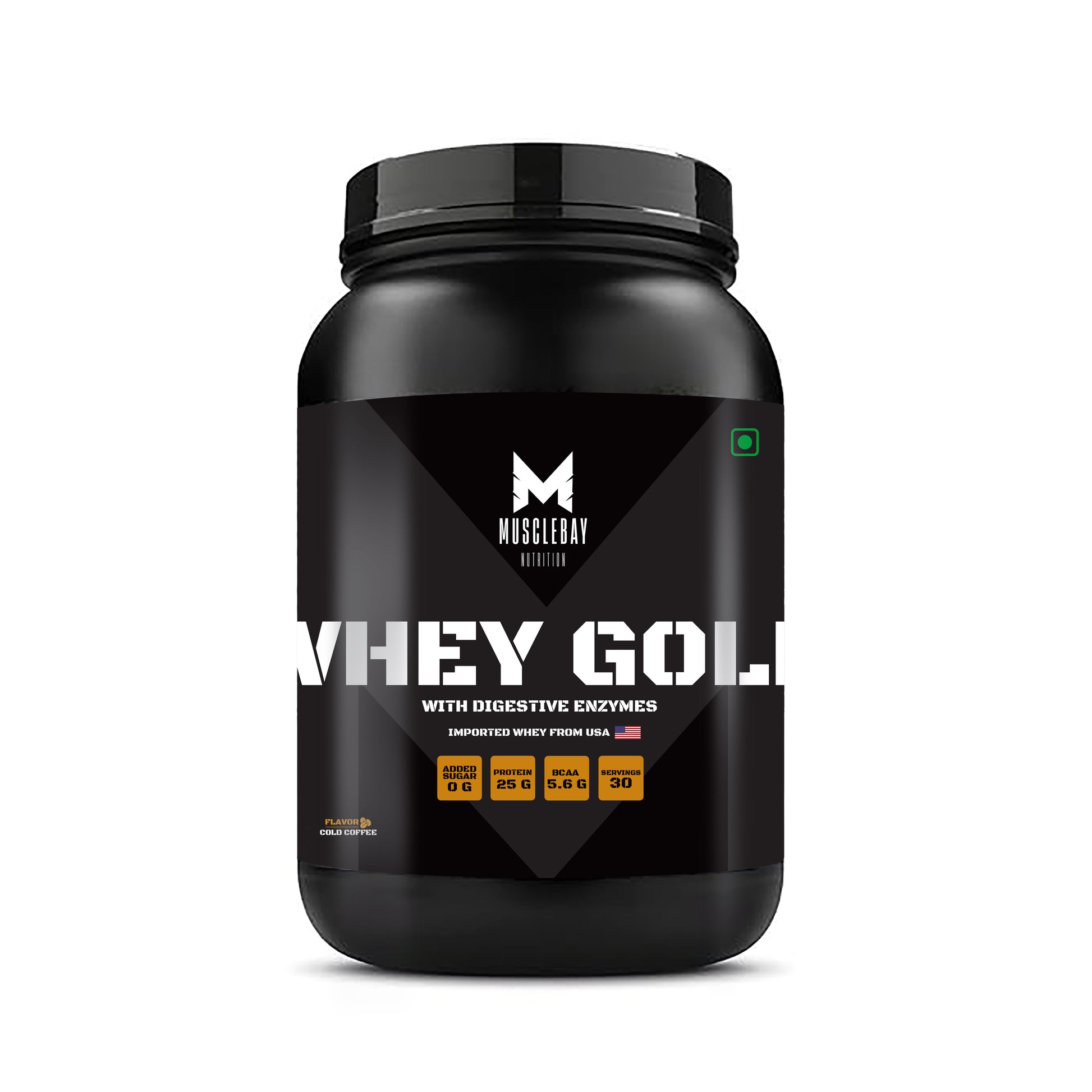 Black container of Musclebay Whey Gold protein powder on a white background